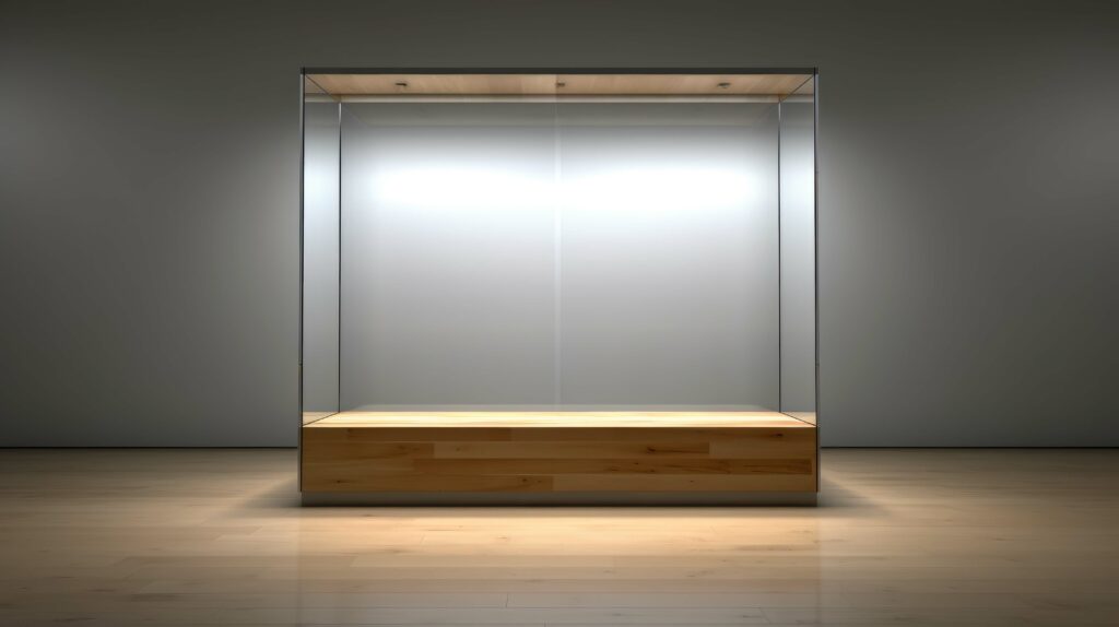 Light oak wooden glass display case in a neutral coloured room