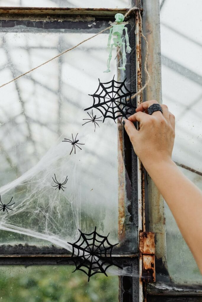 A window being decorated for halloween with cobwebs and plastic spiders.