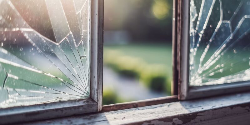 Single pane mullion window with two broken panes of glass