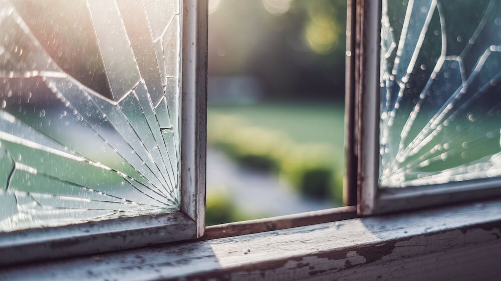 Single pane mullion window with two broken panes of glass